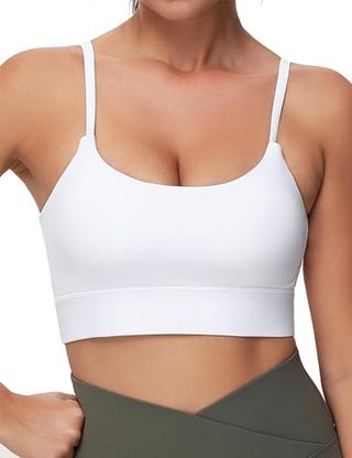 The Gym People Women's Adjustable Longline Sports Bras Scoop Neck Padded Wireless Workout Yoga Tops White