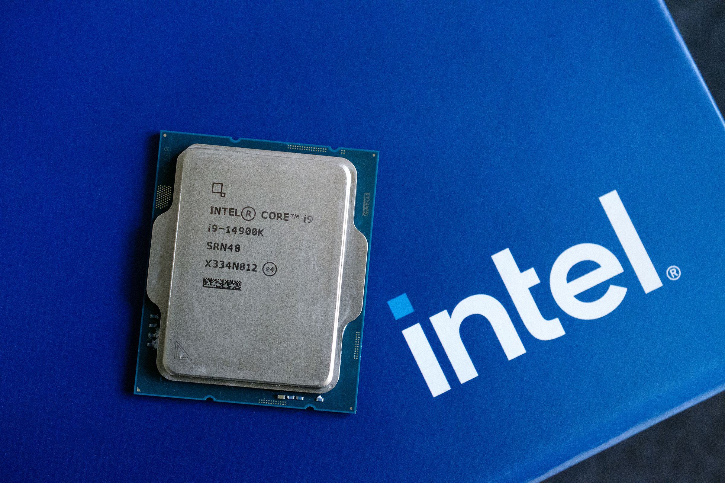 Intel’s Core i9-14900K sitting on a blue Intel box