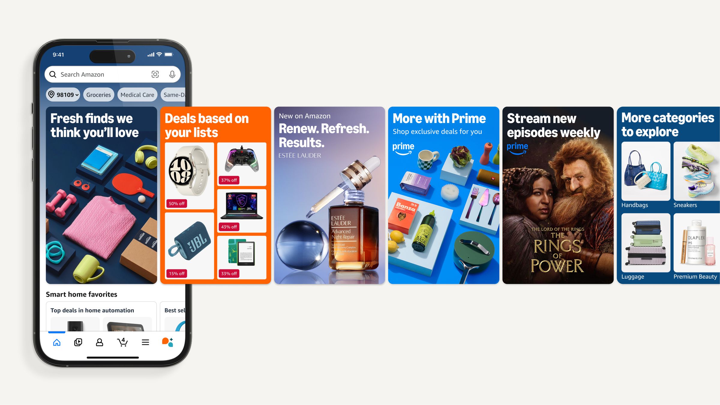 A graphic showing new UI of Amazon shopping app