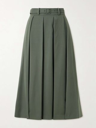 Belted Pleated Stretch-Wool Twill Midi Skirt