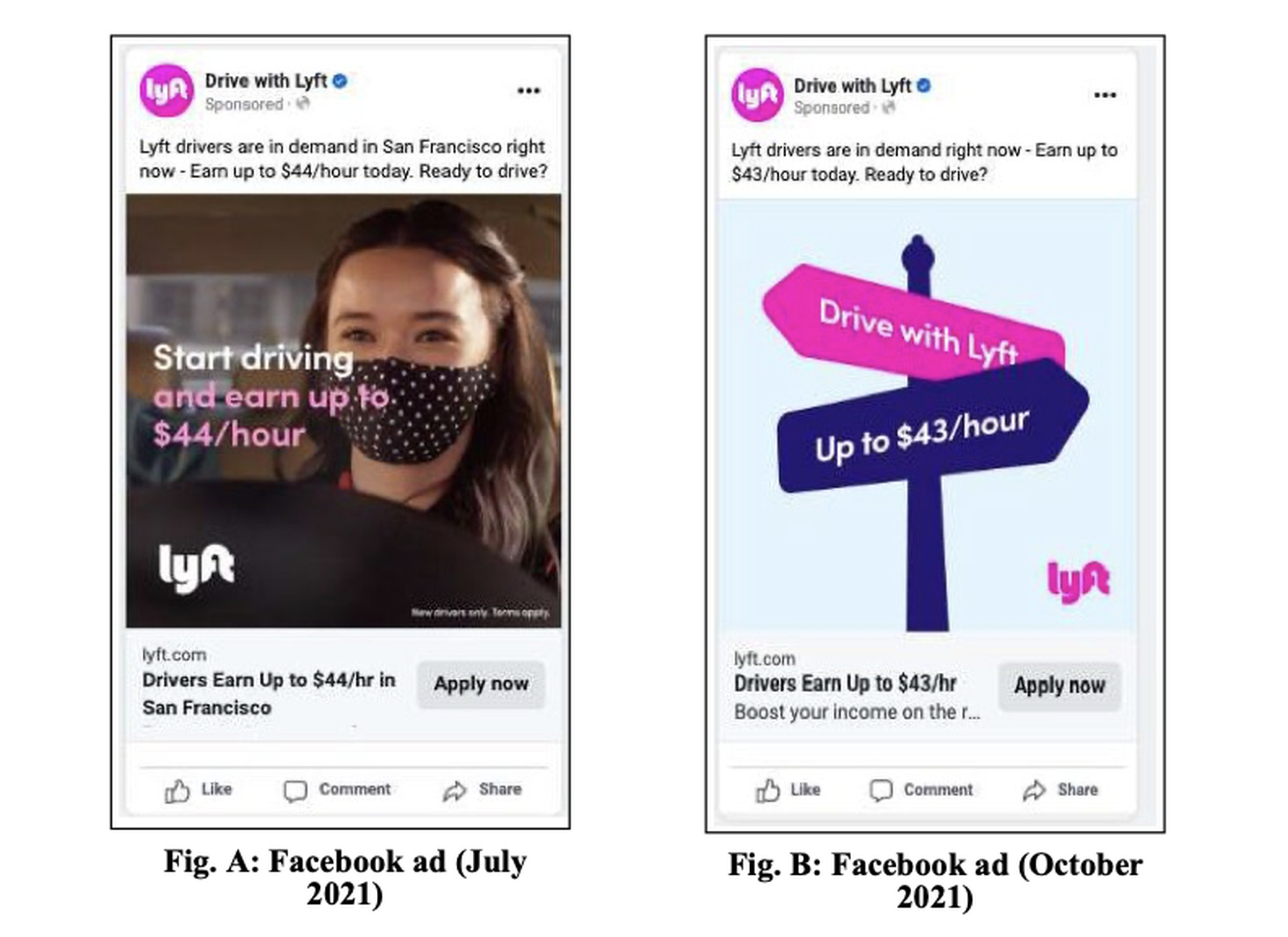 Screenshots showing Lyft ads promoting “up to $44” per hour in San Francisco or “up to $43” per hour.