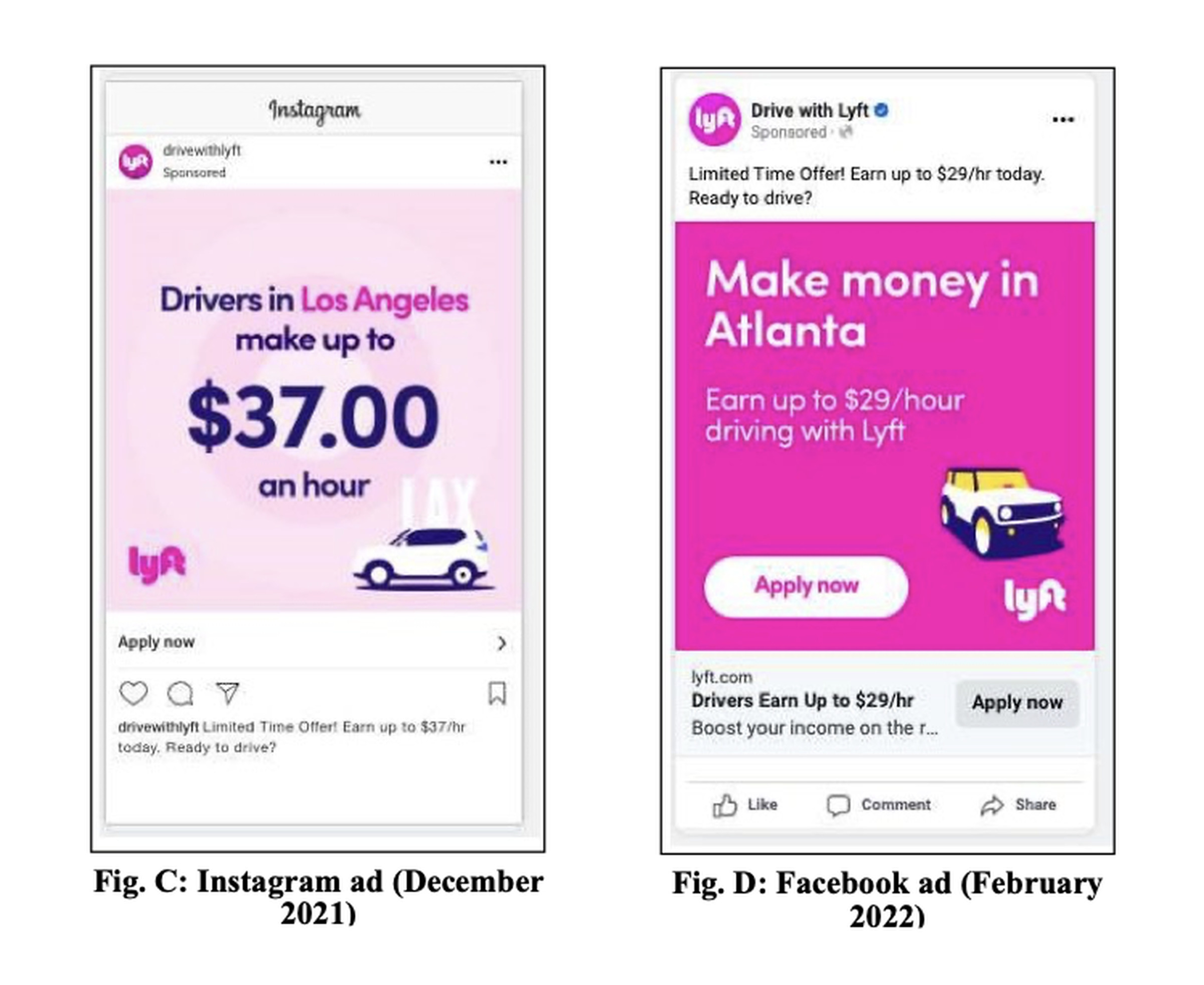 Screenshots showing Lyft ads in Los Angeles and Atlanta, which claim drivers can make “up to $37.00” or “up to $29” per hour, respectively.