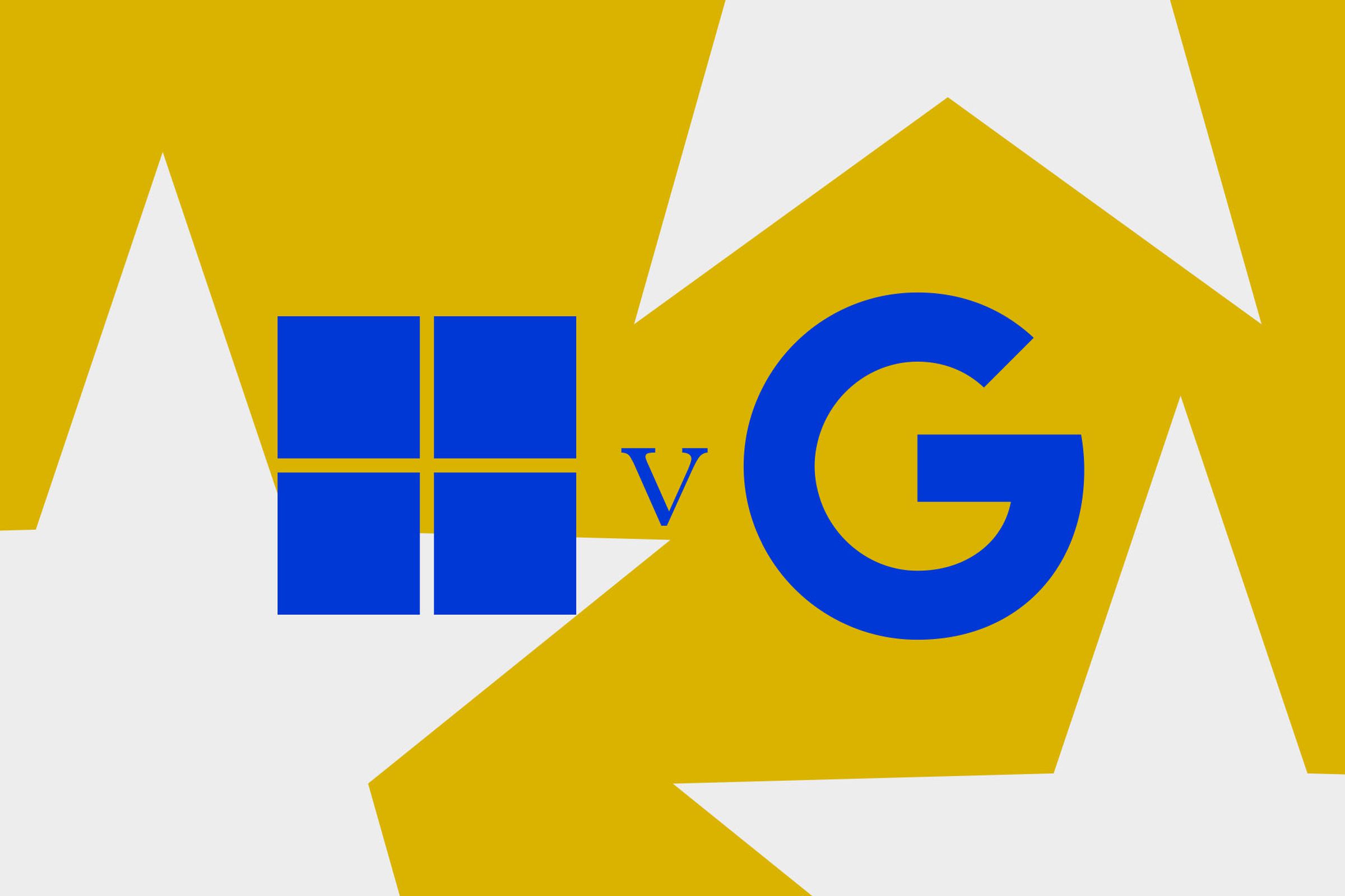 Vector illustration of the Microsoft and Google logos in front of EU flag stars.