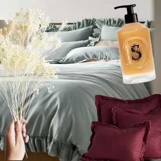 Collage of Blue Bedding, Hand Soap, Pillows, and Dried Flowers