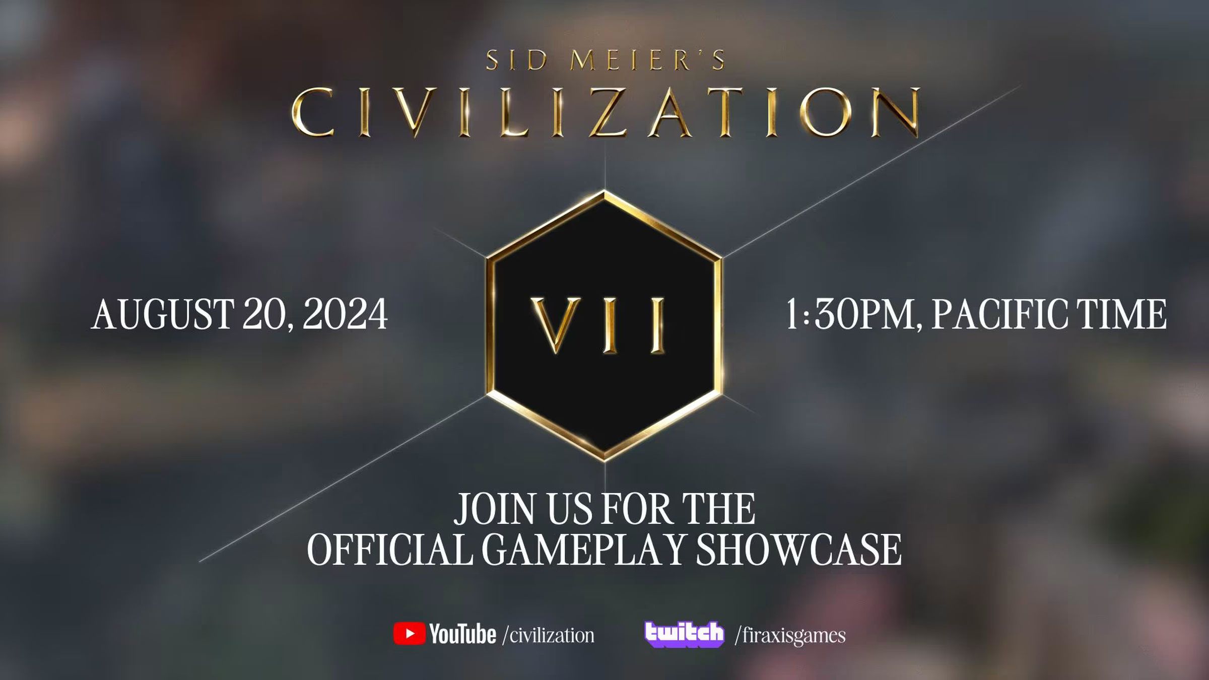 Graphic with the date and time and website for the gameplay reveal of Civilization VII.