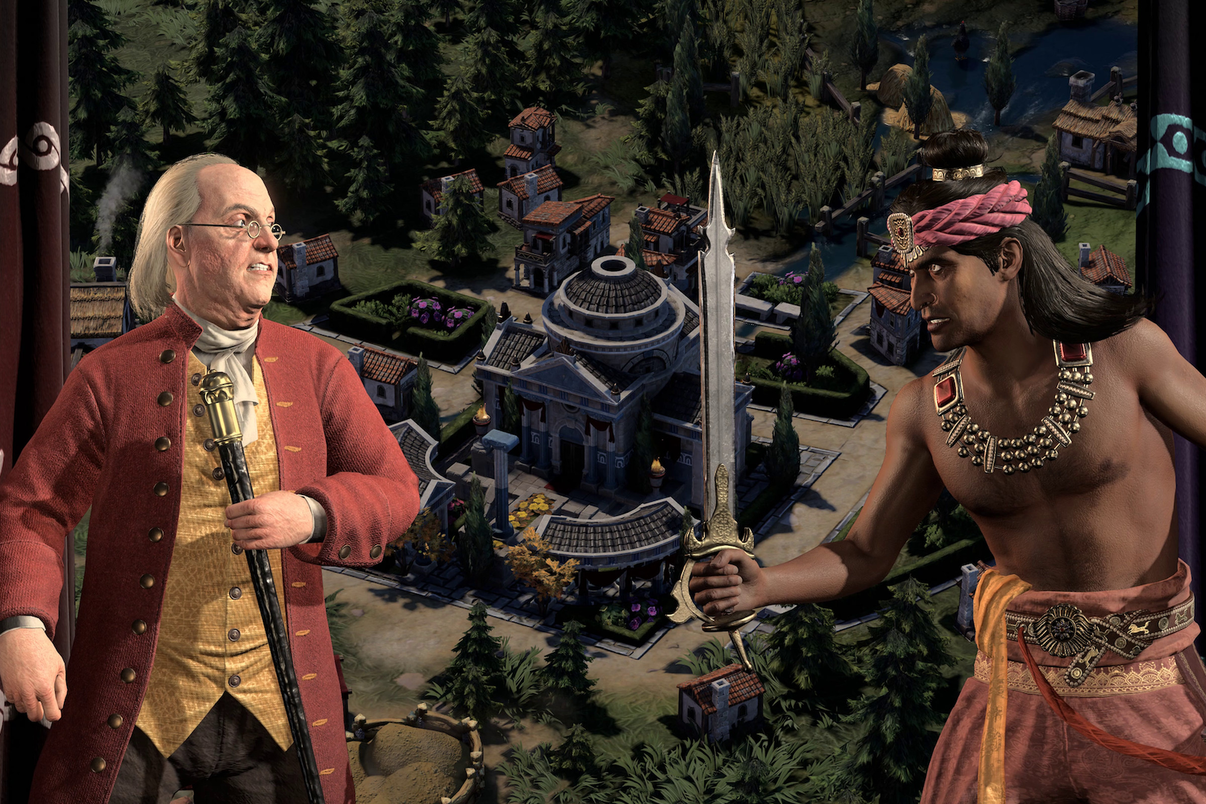 Screenshot from Civilization 7 featuring a tense standoff between Ben Franklin and Ashoka.