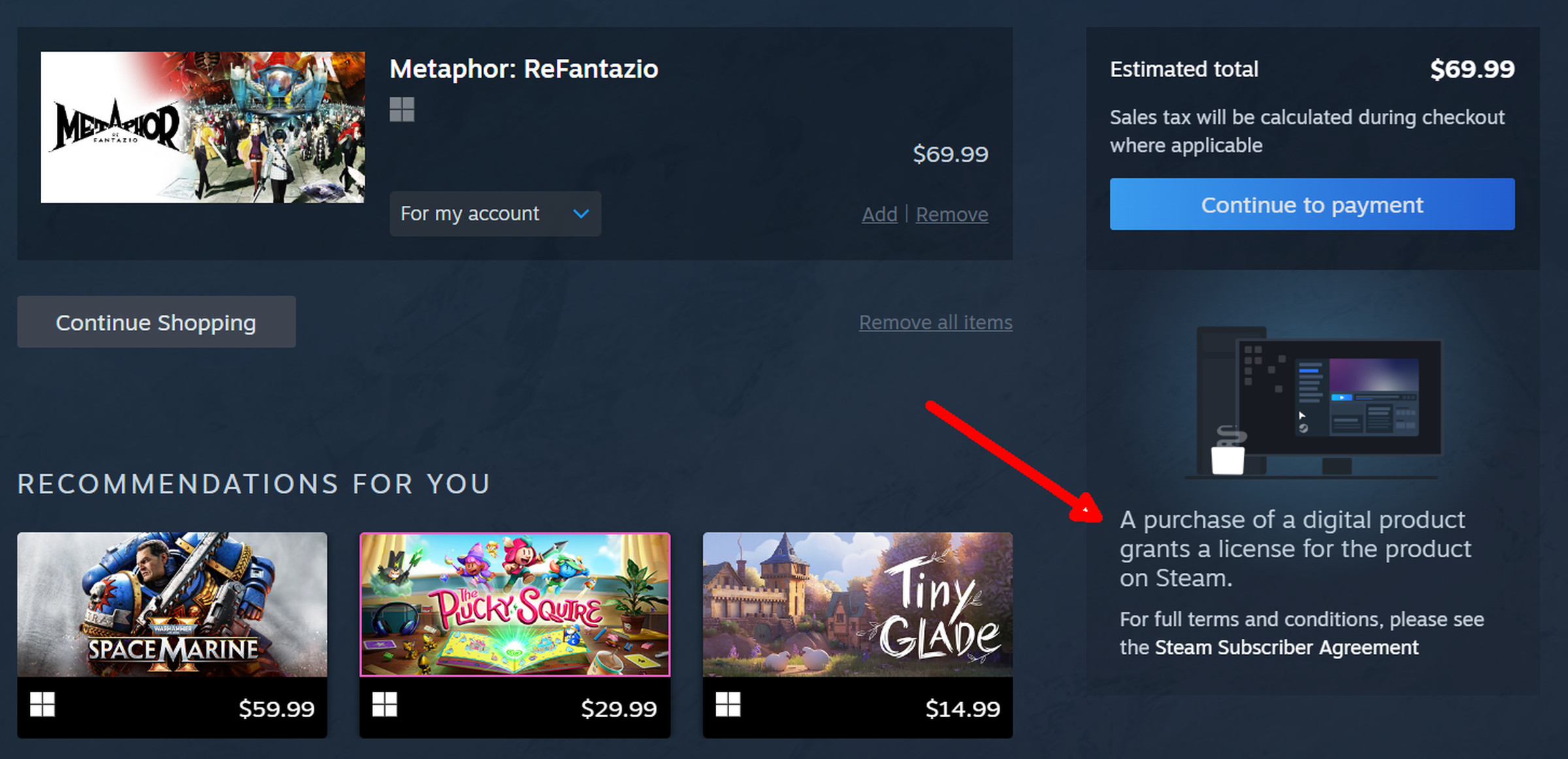 steam desktop screenshot with Metaphor: ReFantazio in the cart and the new disclosure.