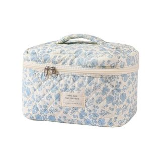 Uekeboag Large Travel Quilted Makeup Bag for Women, Floral Cotton Cosmetic Bag, Coquette Aesthetic Floral Toiletry Organizer Bag (01lithtblue-Flower)