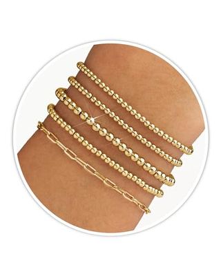 Shownee Gold Beaded Bracelet for Women 14k Gold Plated Bracelets Gold Stretch Bead Ball Bracelets Hypoallergenic Stackable Bracelet Set (small Beads)