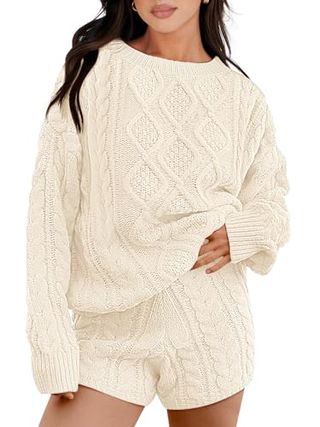 Anrabess Women 2 Piece Outfits Sweater Lounge Loungewear Sets Fall Cable Knit Oversized Pullover Short Pants Matching Sets Beige Small