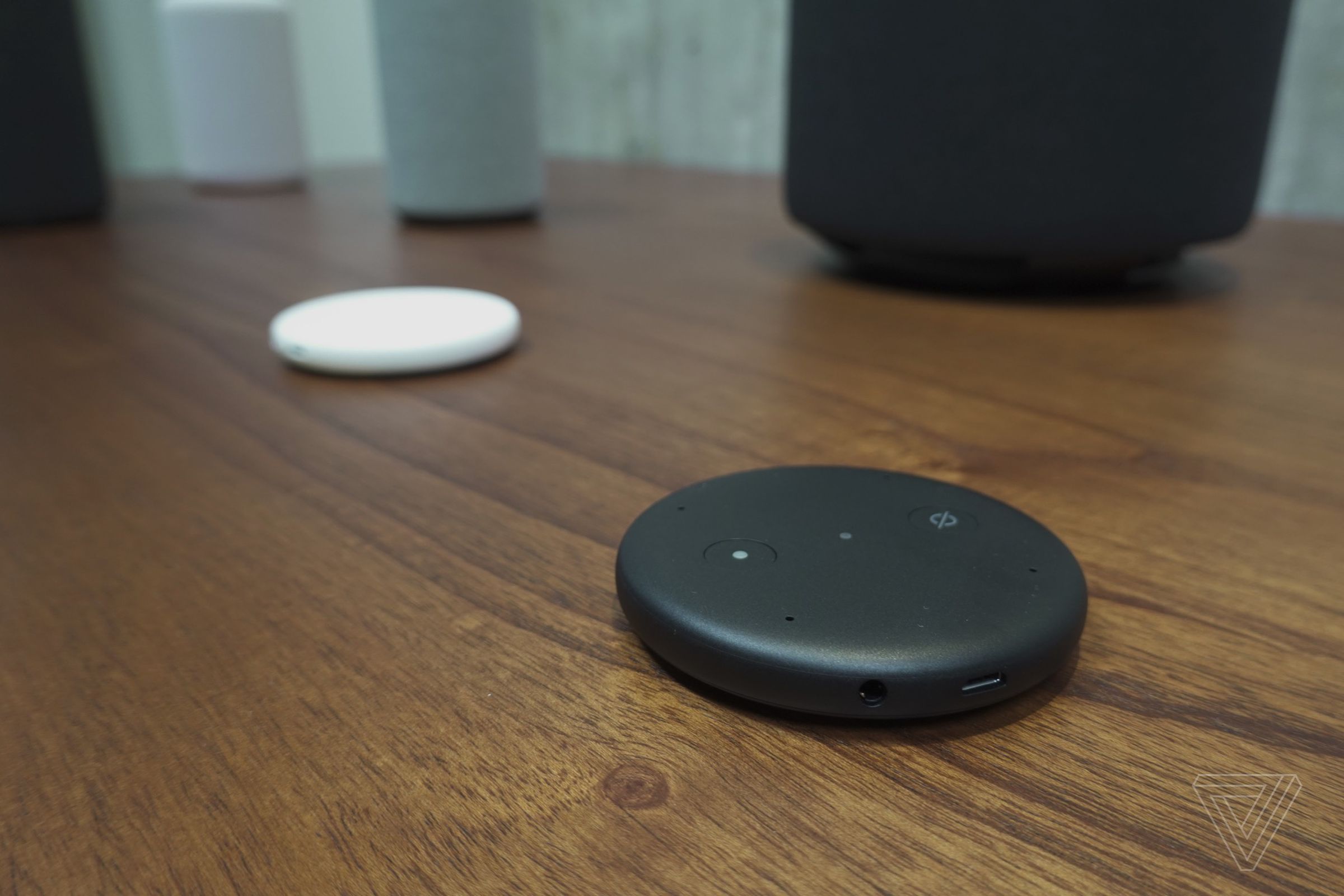 The Amazon Echo Input on a wooden table.