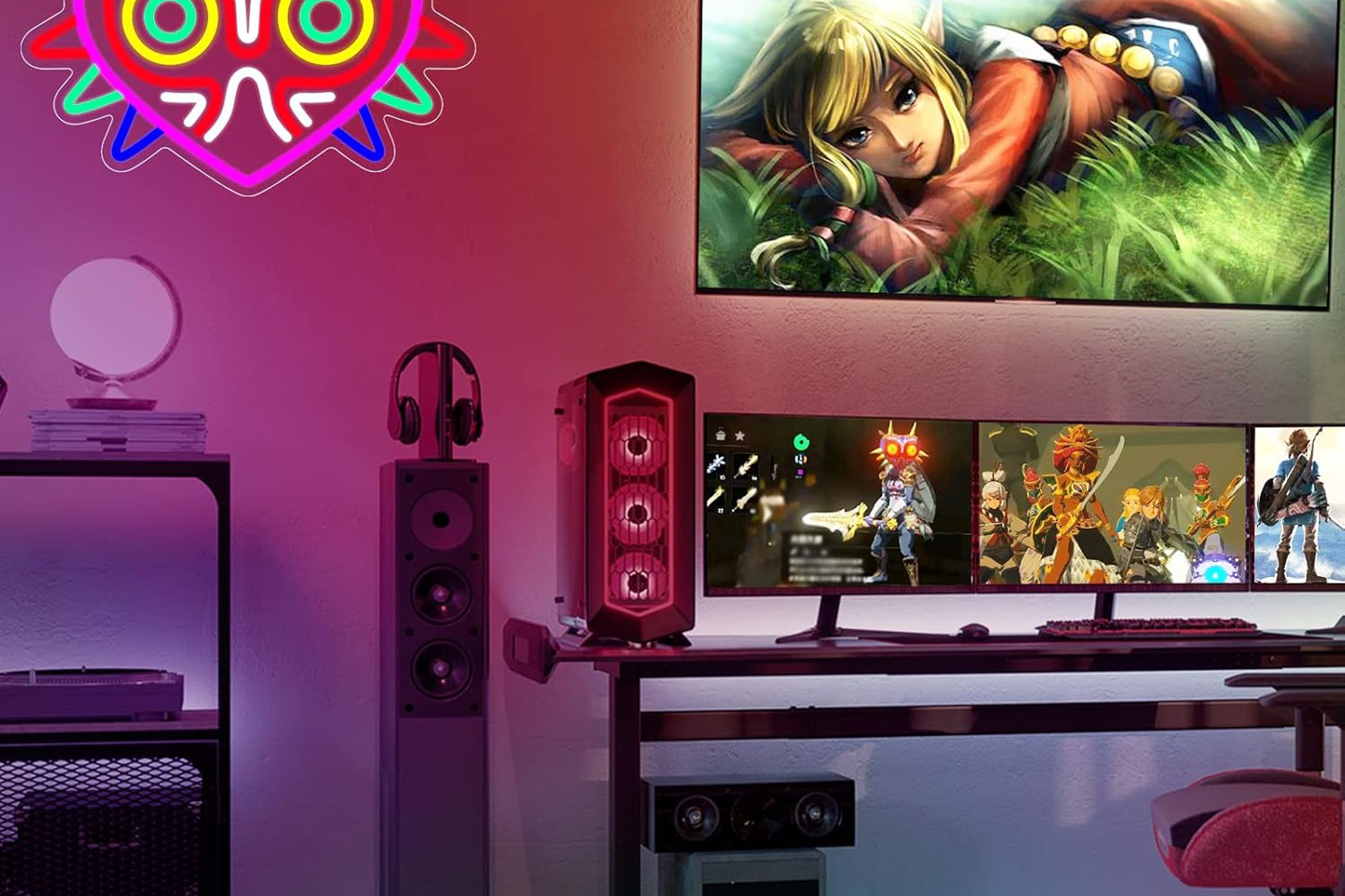 Room with neon light in majora mask shape, TV, other objects