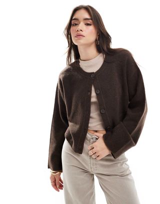 Asos Design Crew Neck Cardigan in Chocolate