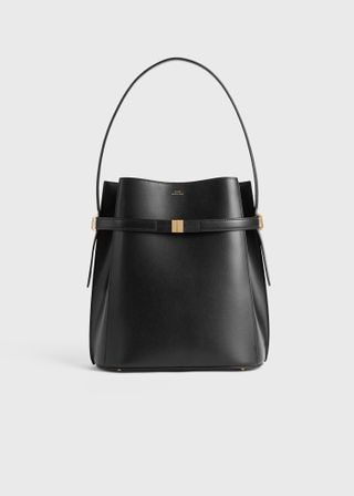 Belted Leather Bucket Bag Black