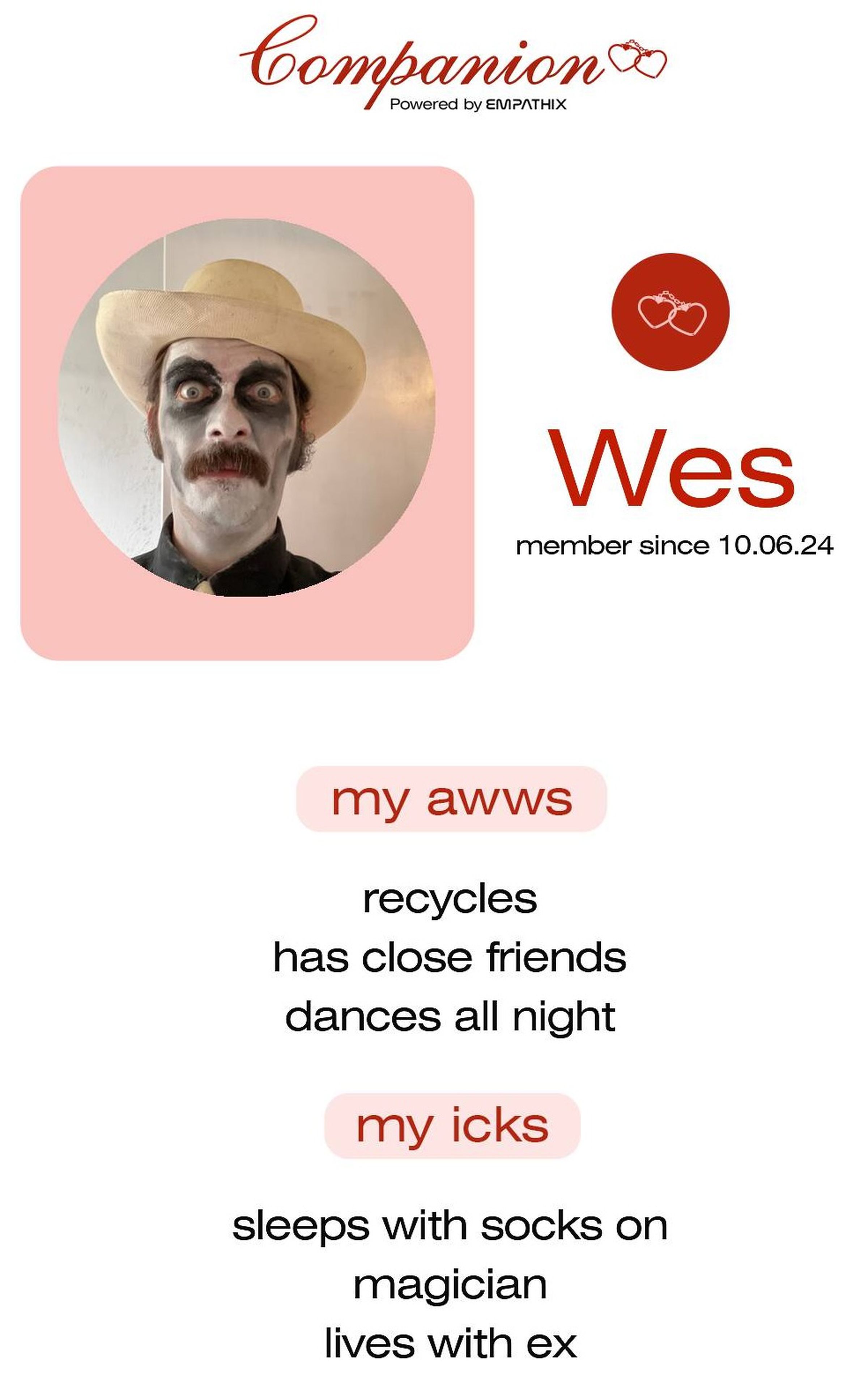 A picture of a card that sais “Companion” at the top, shows the selfie I sent, and lists “awws” and “icks” below.