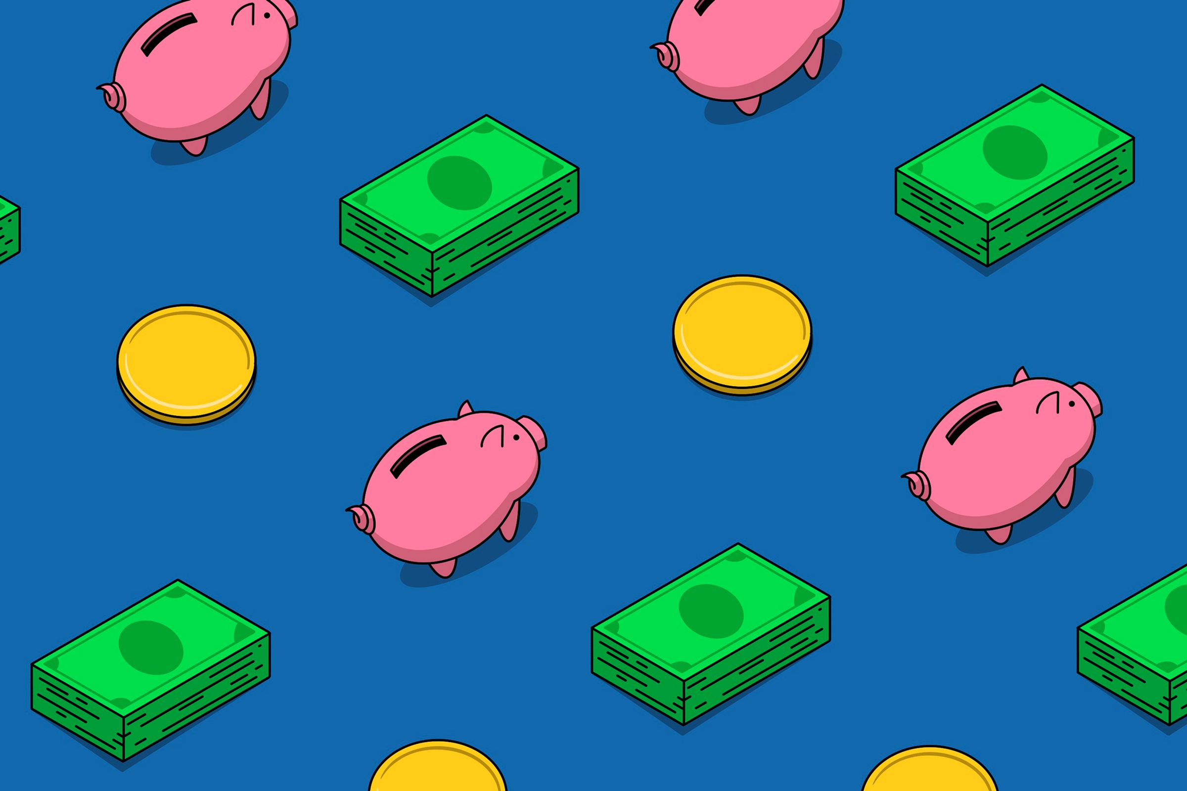 An illustration of a piggy bank, a pile of cash, and some coins