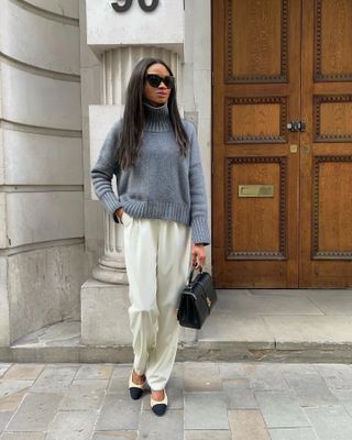 Cheap-Looking Winter Trends:  @symphonyofsilk wears a grey jumper and silky trousers