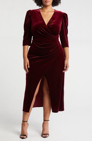 Velvet Faux Wrap Midi Cocktail Dress