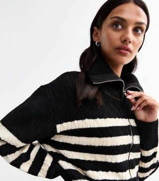 Black Striped Cable Knit Zip Through Cardigan