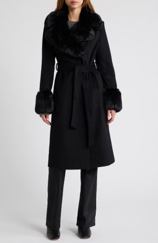 Belted Faux Fur Trim Coat