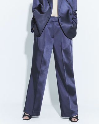 Navy Bonded Satin Wide Leg Trousers