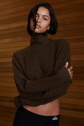 Cable Knit Cropped Winter Bliss Turtleneck Long Sleeve - Espresso