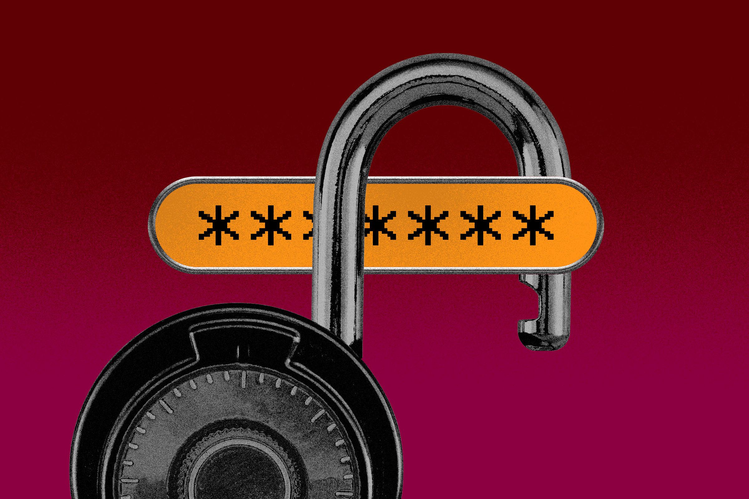 Illustration of a password above an open combination lock, implying a data breach.