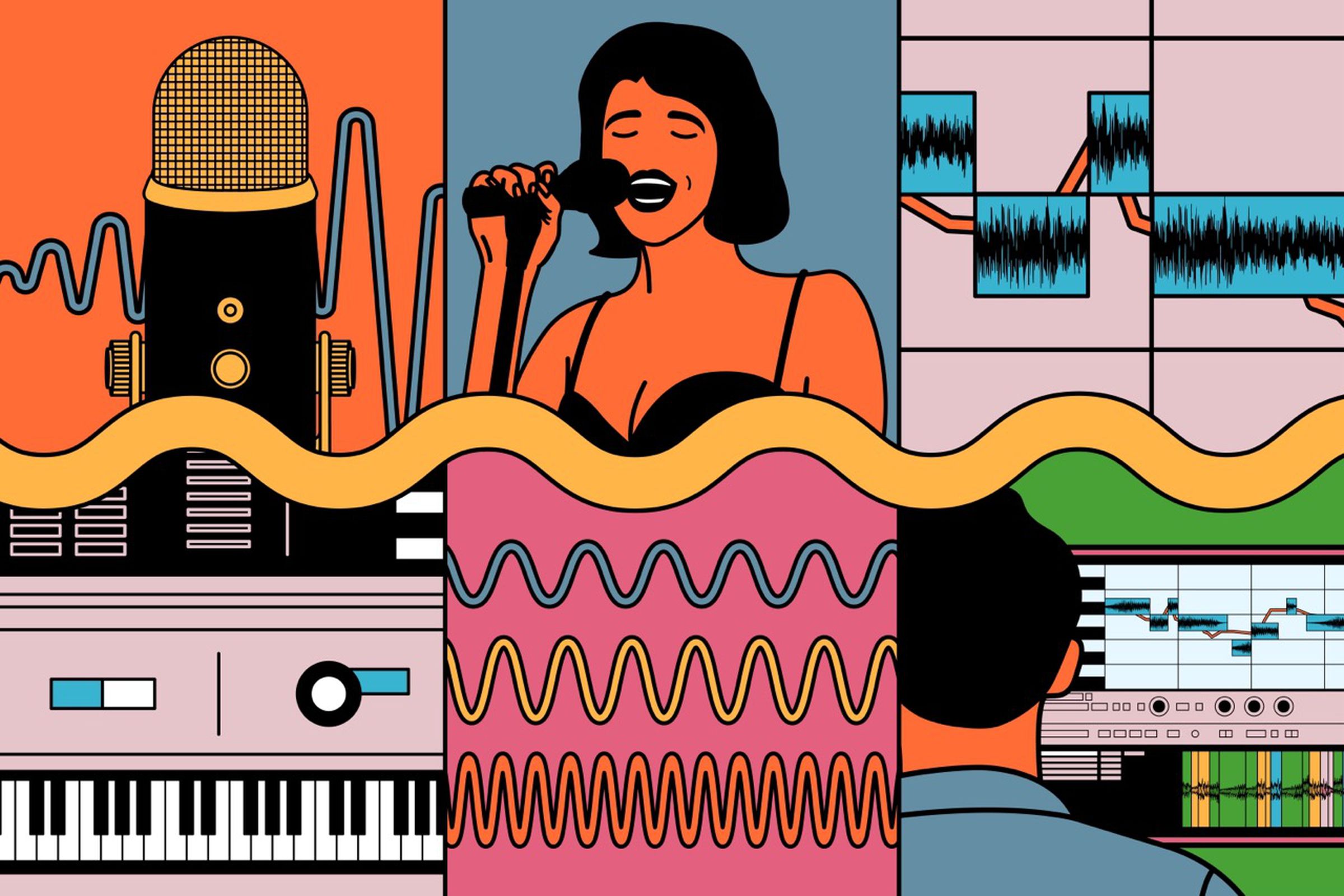 An illustration showing people singing, and producing, music.