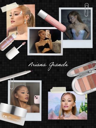 Collage of Ariana Grande with R.E.M. makeup products