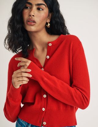 Red Cashmere Crew Neck Cardigan