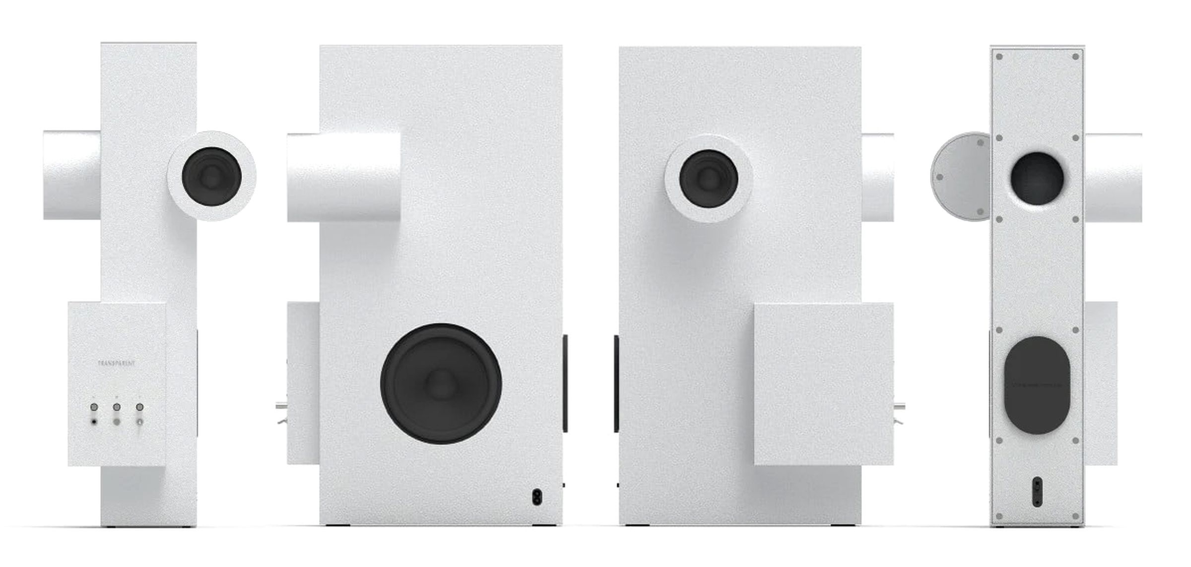 Transparent’s Brutalist speaker pictured from all four sides against a white background.