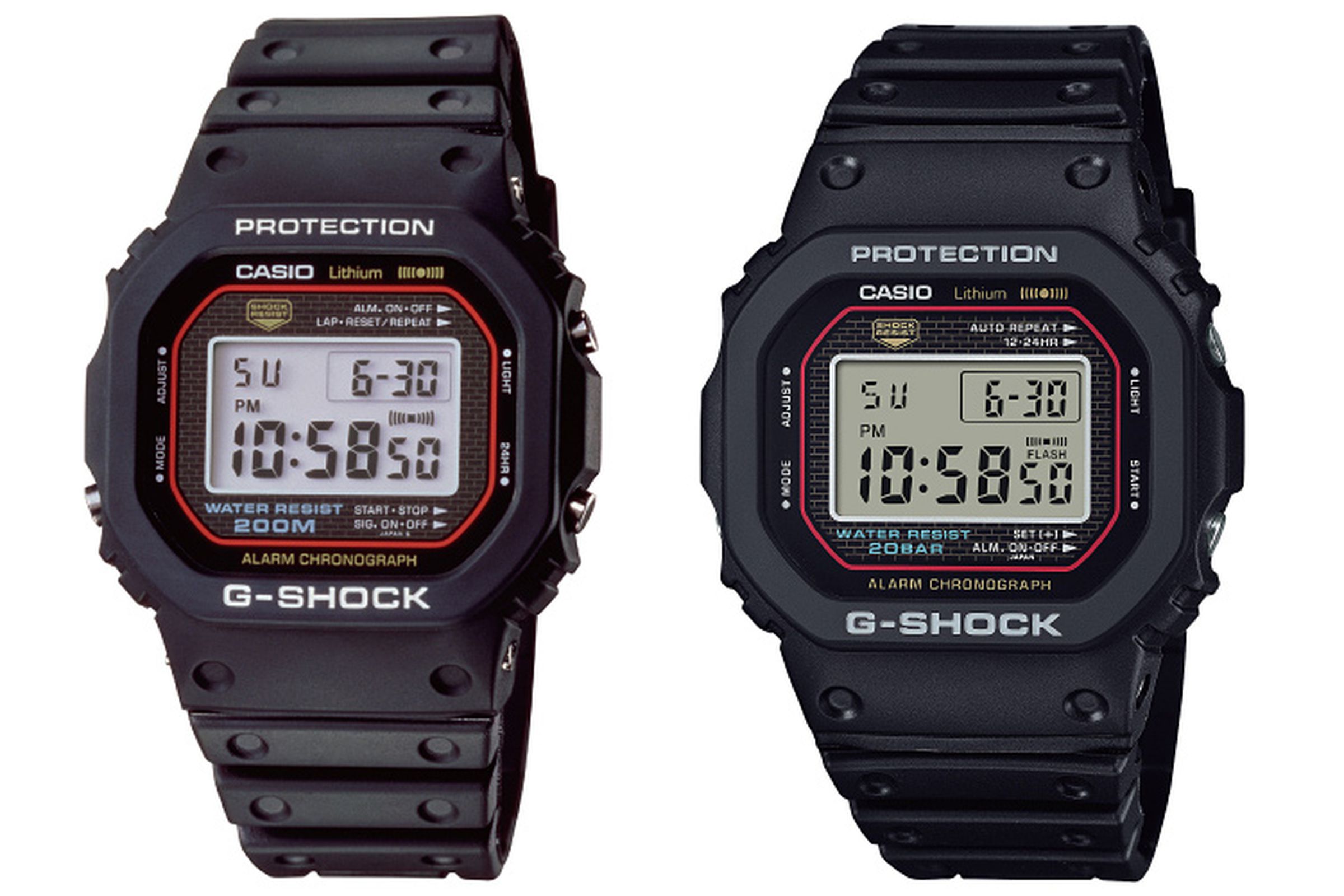 Here you can see the original 1983 G-Shock (left) compared to the DW-5000R recreation (right).