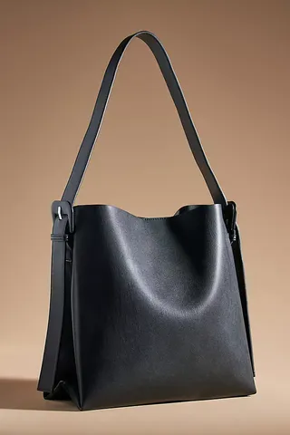 Buckle-Strap Faux Leather Shoulder Bag