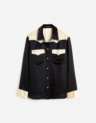 Madewell, Alexa Chung for Madewell Satin Western Shirt in True Black & Alabaster 