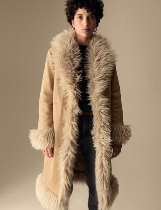 Suedette Faux Fur Trim Longline Coat