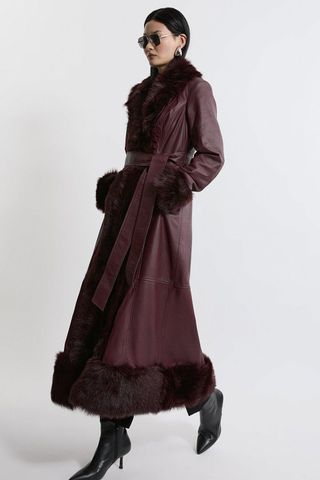 Leather & Shearling Cuff and Collar Maxi Coat