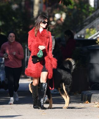 Emily Ratajkowski wears a shearling trim coat.