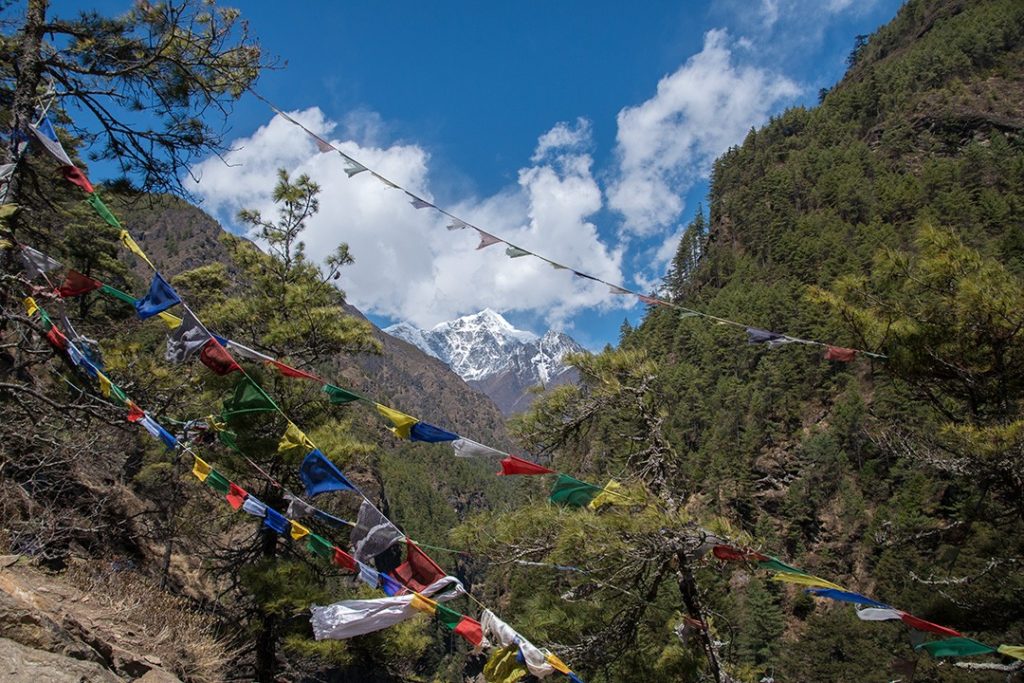 Green hills and prayer flags with a snowy peak in the distance