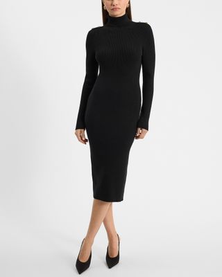 Express, Turtleneck Long Sleeve Button Shoulder Midi Sweater Dress