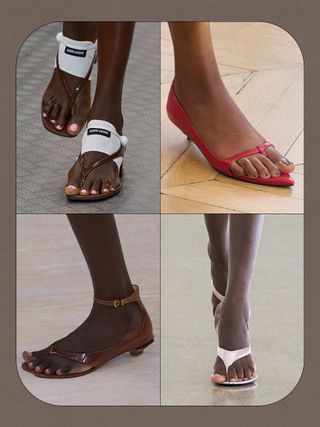 a collage of details images of shoes on the spring/summer 2025 runways