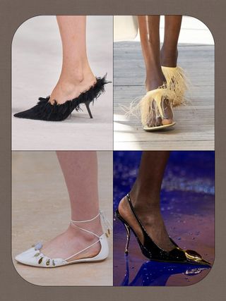 a collage of details images of shoes on the spring/summer 2025 runways