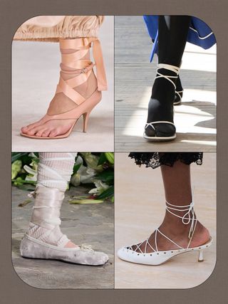 a collage of details images of shoes on the spring/summer 2025 runways