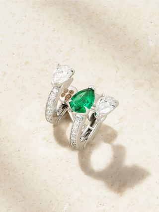 Serti Sur Vide 18-Karat White Gold, Diamond and Emerald Single Earring