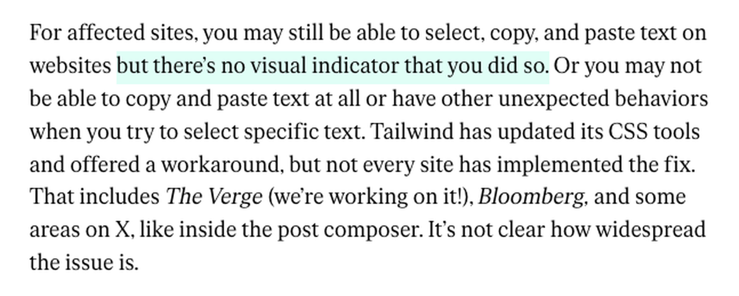 Highlighted text from The Verge’s article about the highlighting issue reading “but there’s no visual indicator that you did so”