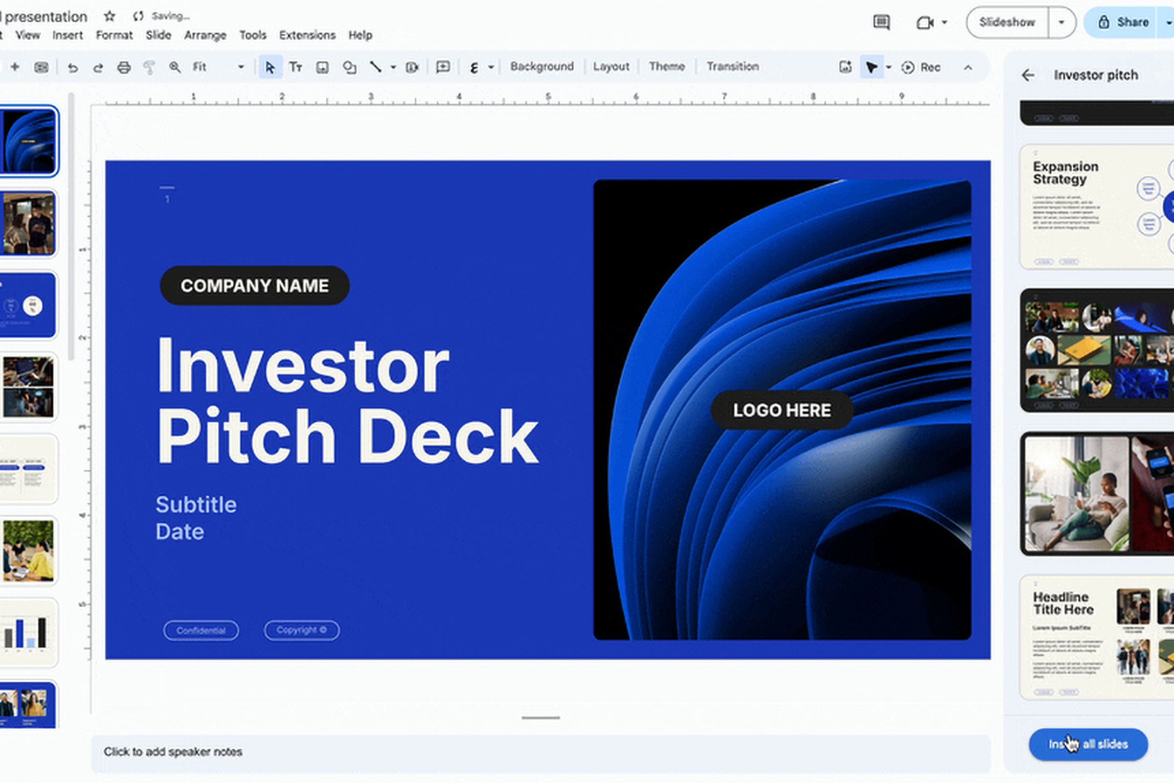 An example of an Investor Pitch Deck slide from a new Google Slides template.