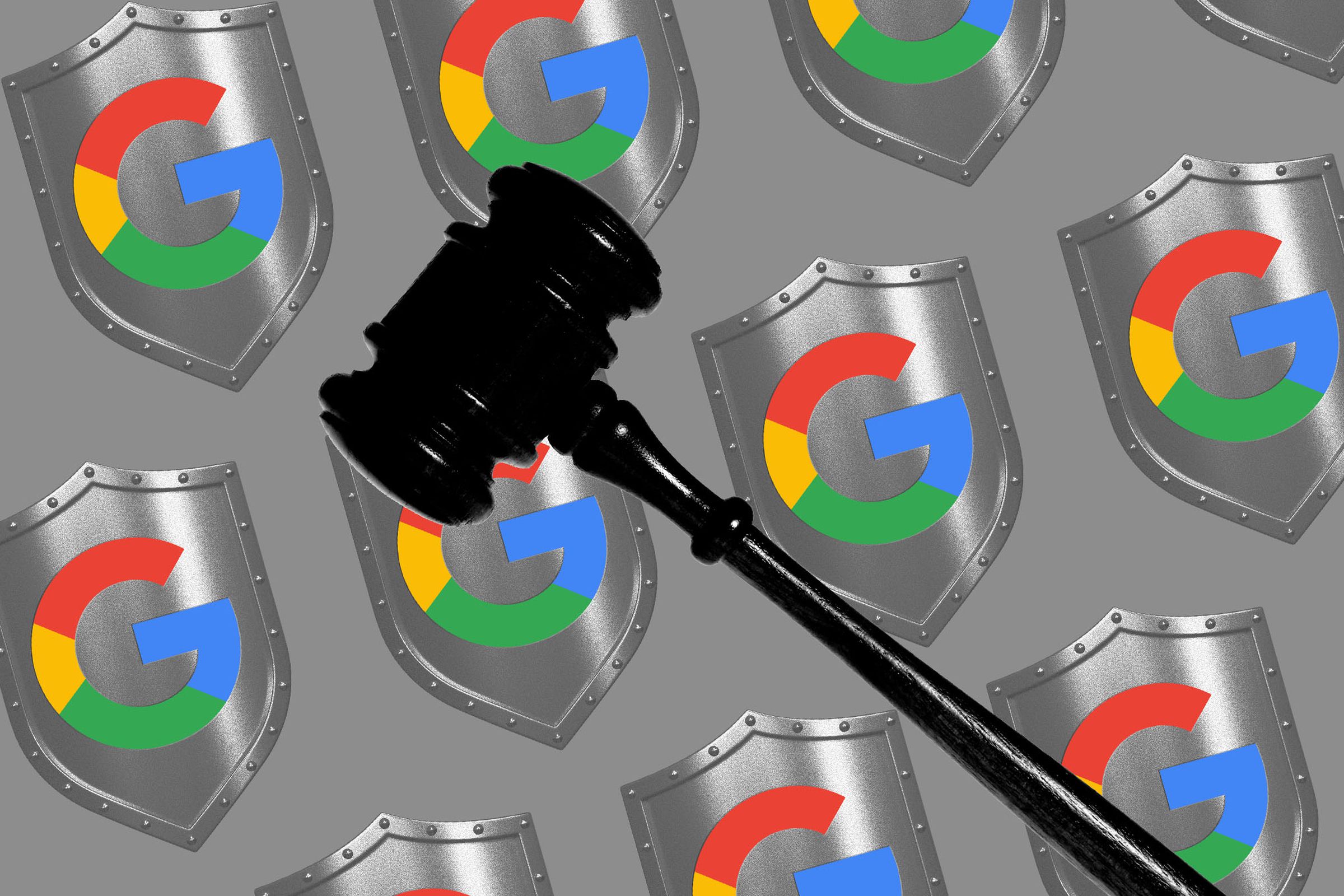 A gavel in front of a background of Google shields.