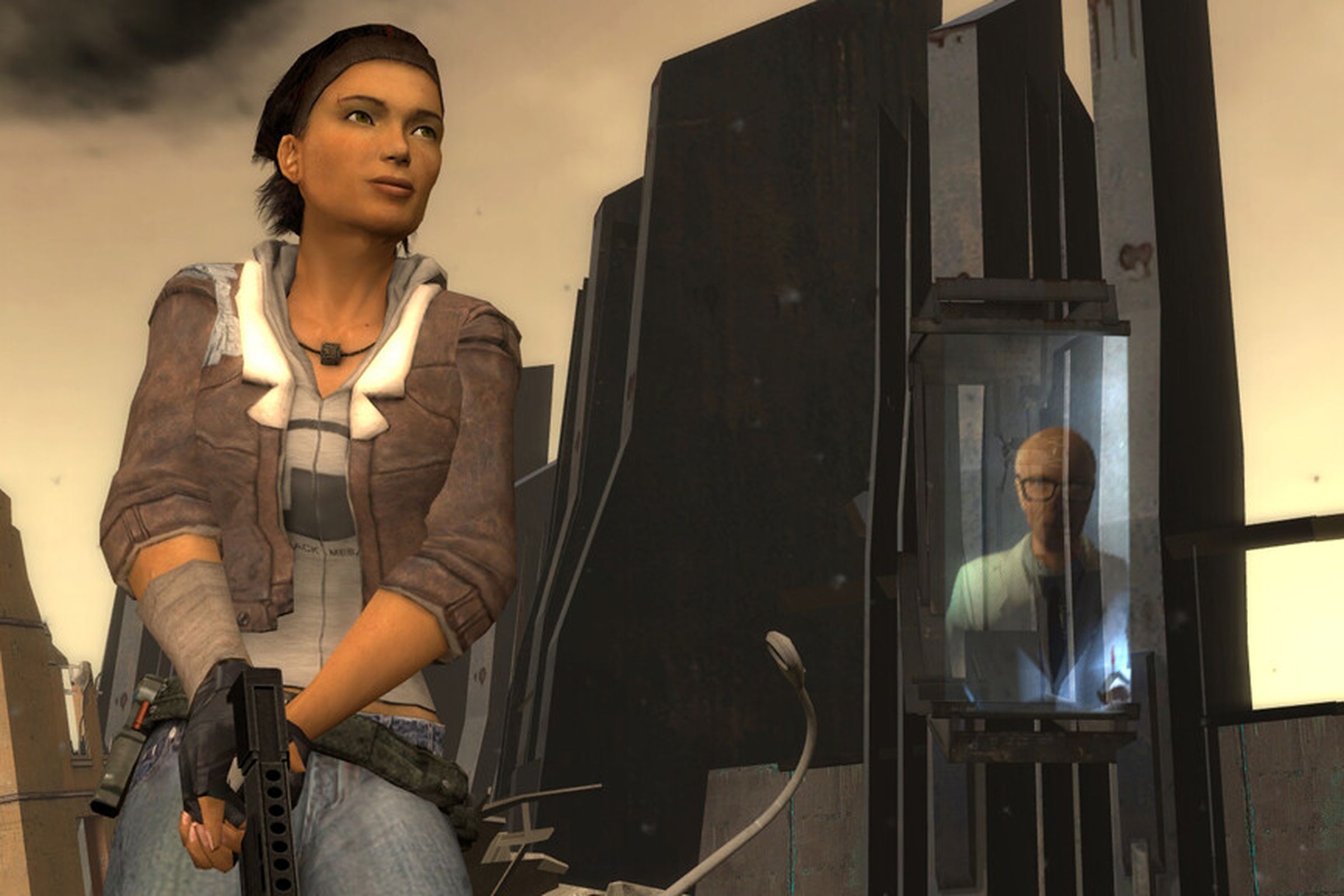 Screenshot from Half-Life 2 featuring a close up of character Alyx Vance.