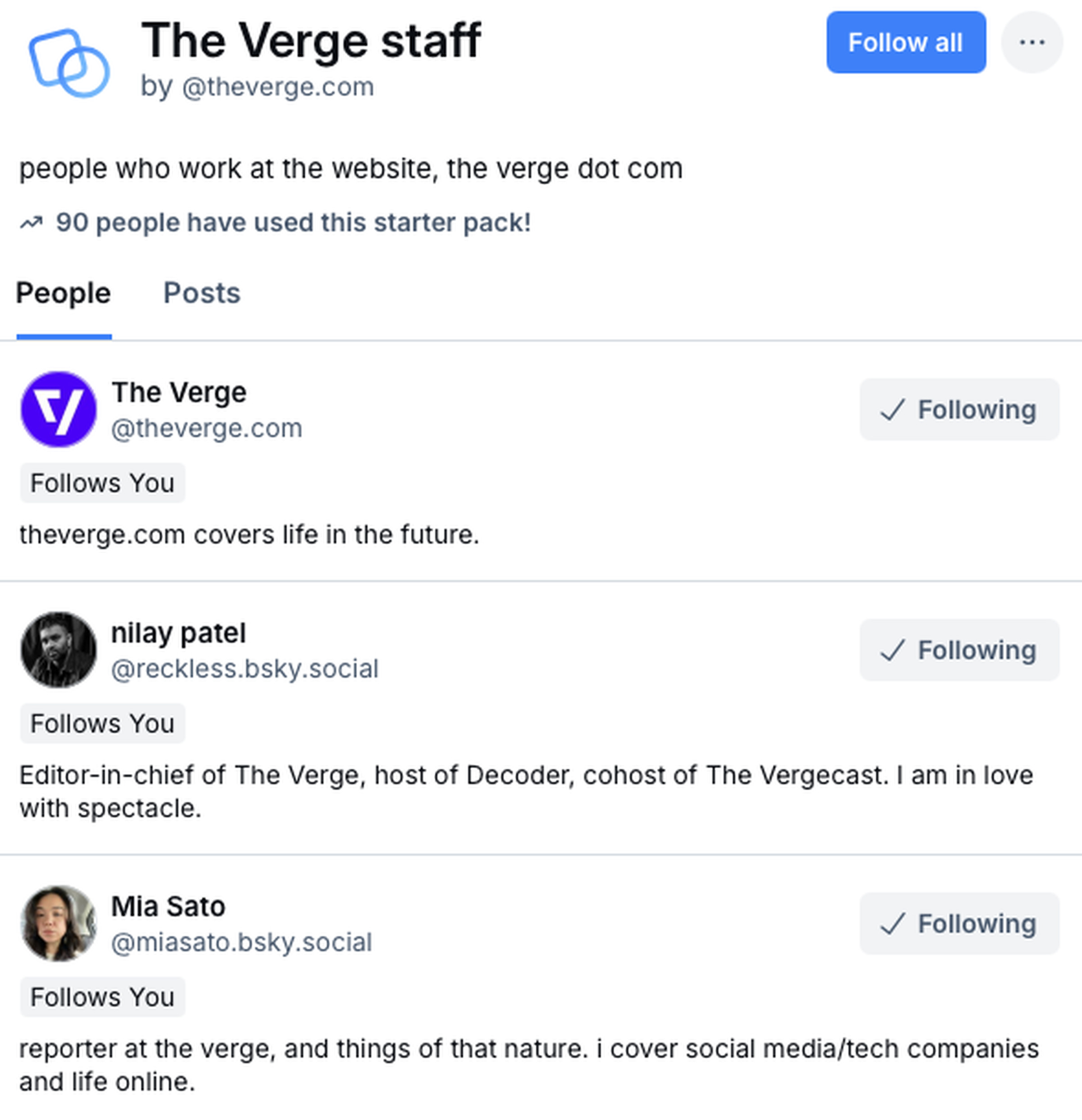 A screenshot of The Verge’s Starter Pack, showing the site’s account, as well as those of EIC Nilay Patel and writer Mia Sato.