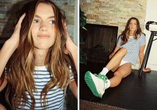 Actress Chloe East hangs around the house in a striped T-shirt and white underwear with sneakers.