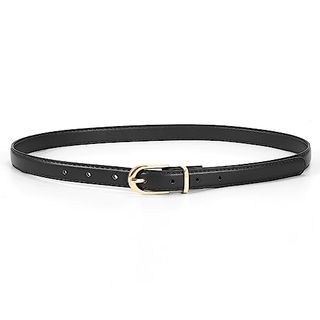 Jasgood Womens Thin Leather Belt Skinny Faux Leather Belt for Jeans Dress With Gold Alloy Buckle,black/fit Waist Size 26-31 Inch